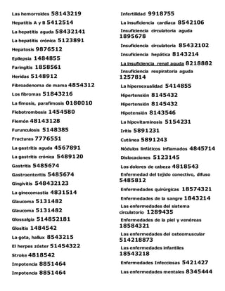 Las hemorroides 58143219
Hepatitis A y B 5412514
La hepatitis aguda 58432141
La hepatitis crónica 5123891
Hepatosis 9876512
Epilepsia 1484855
Faringitis 1858561
Heridas 5148912
Fibroadenoma de mama 4854312
Los fibromas 51843216
La fimosis, parafimosis 0180010
Flebotrombosis 1454580
Flemón 48143128
Furunculosis 5148385
Fracturas 7776551
La gastritis aguda 4567891
La gastritis crónica 5489120
Gastritis 5485674
Gastroenteritis 5485674
Gingivitis 548432123
La ginecomastia 4831514
Glaucoma 5131482
Glaucoma 5131482
Glossalgia 514852181
Glositis 1484542
La gota, hallux 8543215
El herpes zóster 51454322
Stroke 4818542
Impotencia 8851464
Impotencia 8851464
Infertilidad 9918755
La insuficiencia cardíaca 8542106
Insuficiencia circulatoria aguda
1895678
Insuficiencia circulatoria 85432102
Insuficiencia hepática 8143214
La insuficiencia renal aguda 8218882
Insuficiencia respiratoria aguda
1257814
La hipersexualidad 5414855
Hipertensión 8145432
Hipertensión 8145432
Hipotensión 8143546
La hipovitaminosis 5154231
Iritis 5891231
Cutánea 5891243
Nódulos linfáticos inflamados 4845714
Dislocaciones 5123145
Los dolores de cabeza 4818543
Enfermedad del tejido conectivo, difuso
5485812
Enfermedades quirúrgicas 18574321
Enfermedades de la sangre 1843214
Las enfermedades del sistema
circulatorio 1289435
Enfermedades de la piel y venéreas
18584321
Las enfermedades del osteomuscular
514218873
Las enfermedades infantiles
18543218
Enfermedades Infecciosas 5421427
Las enfermedades mentales 8345444
 