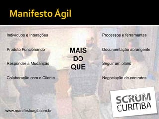 Manifesto Ágil
Indivíduos e Interações            Processos e ferramentas


Produto Funcionando         MAIS   Documentação abrangente

                             DO
Responder a Mudanças               Seguir um plano
                            QUE
Colaboração com o Cliente          Negociação de contratos




www.manifestoagil.com.br
 