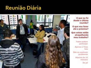 O que eu fiz
 desde a última
      reunião?
O que vou fazer
 até a próxima?
Que coisas estão
   atrapalhando
  meu trabalho?

    Todos podem
       participar
   Apenas o Time
             fala
 Não se resolvem
      problemas
   Máximo de 15
        minutos
           De pé
 