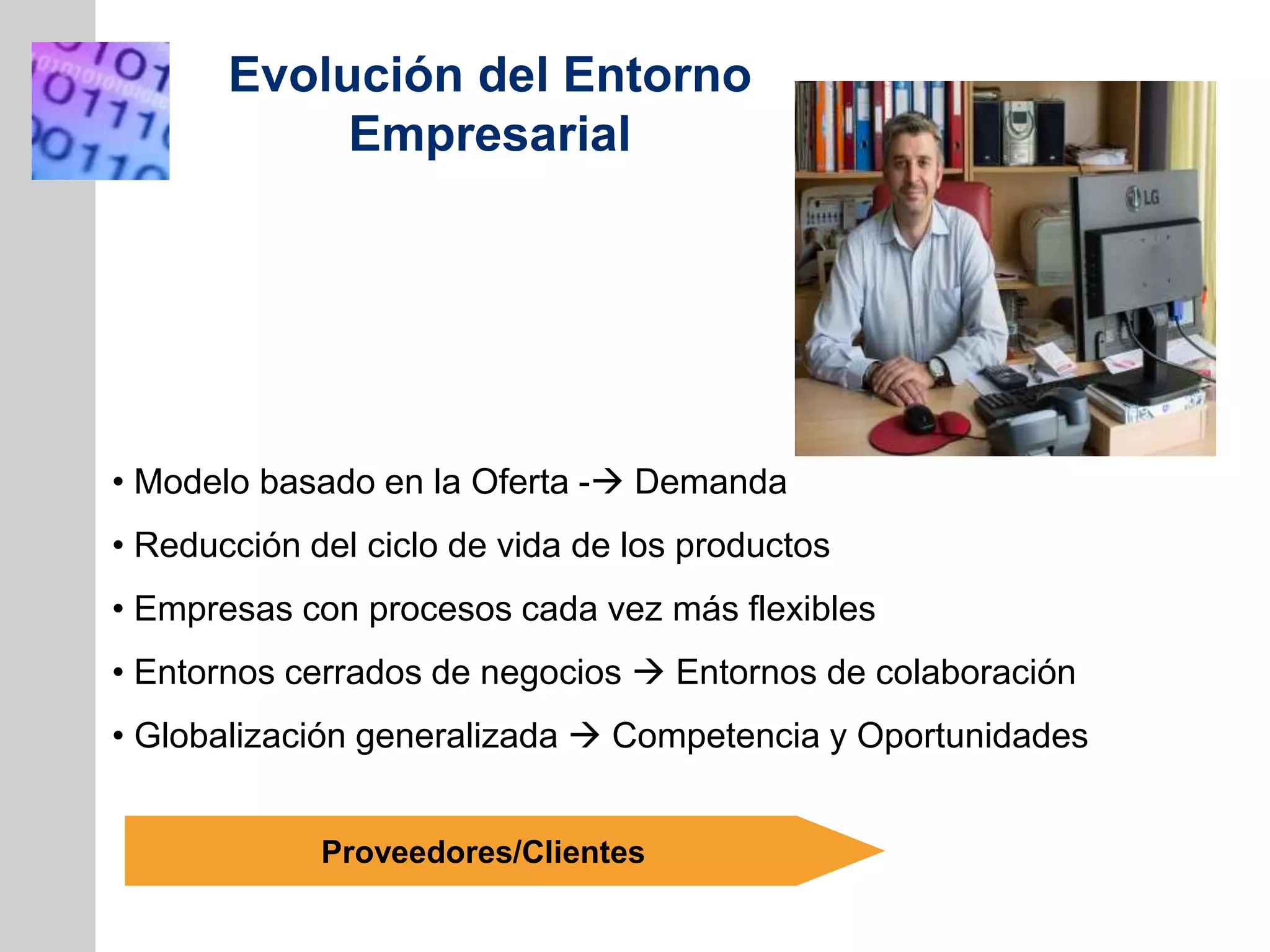 INSERT
GRAPHIC
SQUARE
HERE
Evolución del Entorno
Empresarial
Proveedores/Clientes
• Modelo basado en la Oferta - Demanda
• Reducción del ciclo de vida de los productos
• Empresas con procesos cada vez más flexibles
• Entornos cerrados de negocios  Entornos de colaboración
• Globalización generalizada  Competencia y Oportunidades
 