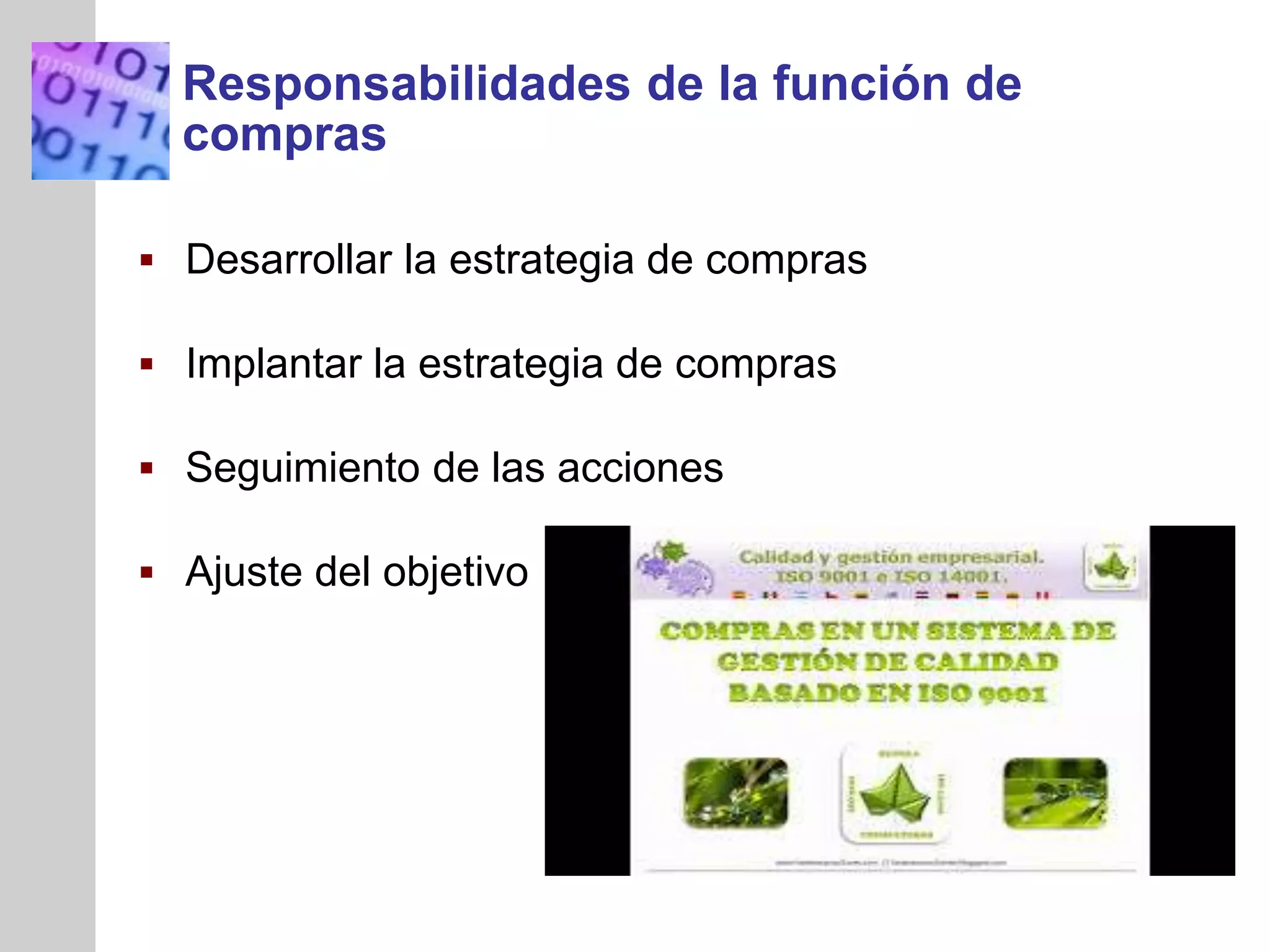 INSERT
GRAPHIC
SQUARE
HERE
 Desarrollar la estrategia de compras
 Implantar la estrategia de compras
 Seguimiento de las acciones
 Ajuste del objetivo
Responsabilidades de la función de
compras
 