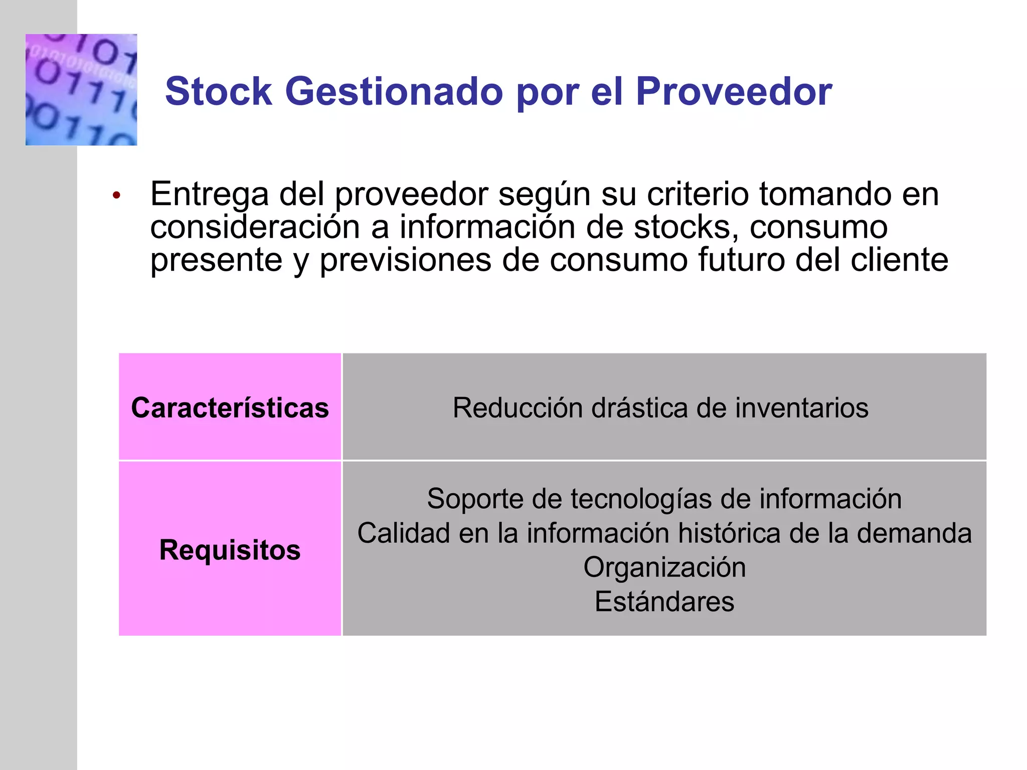 INSERT
GRAPHIC
SQUARE
HERE
Stock Gestionado por el Proveedor
• Entrega del proveedor según su criterio tomando en
consideración a información de stocks, consumo
presente y previsiones de consumo futuro del cliente
Reducción drástica de inventarios
Soporte de tecnologías de información
Calidad en la información histórica de la demanda
Organización
Estándares
Características
Requisitos
 