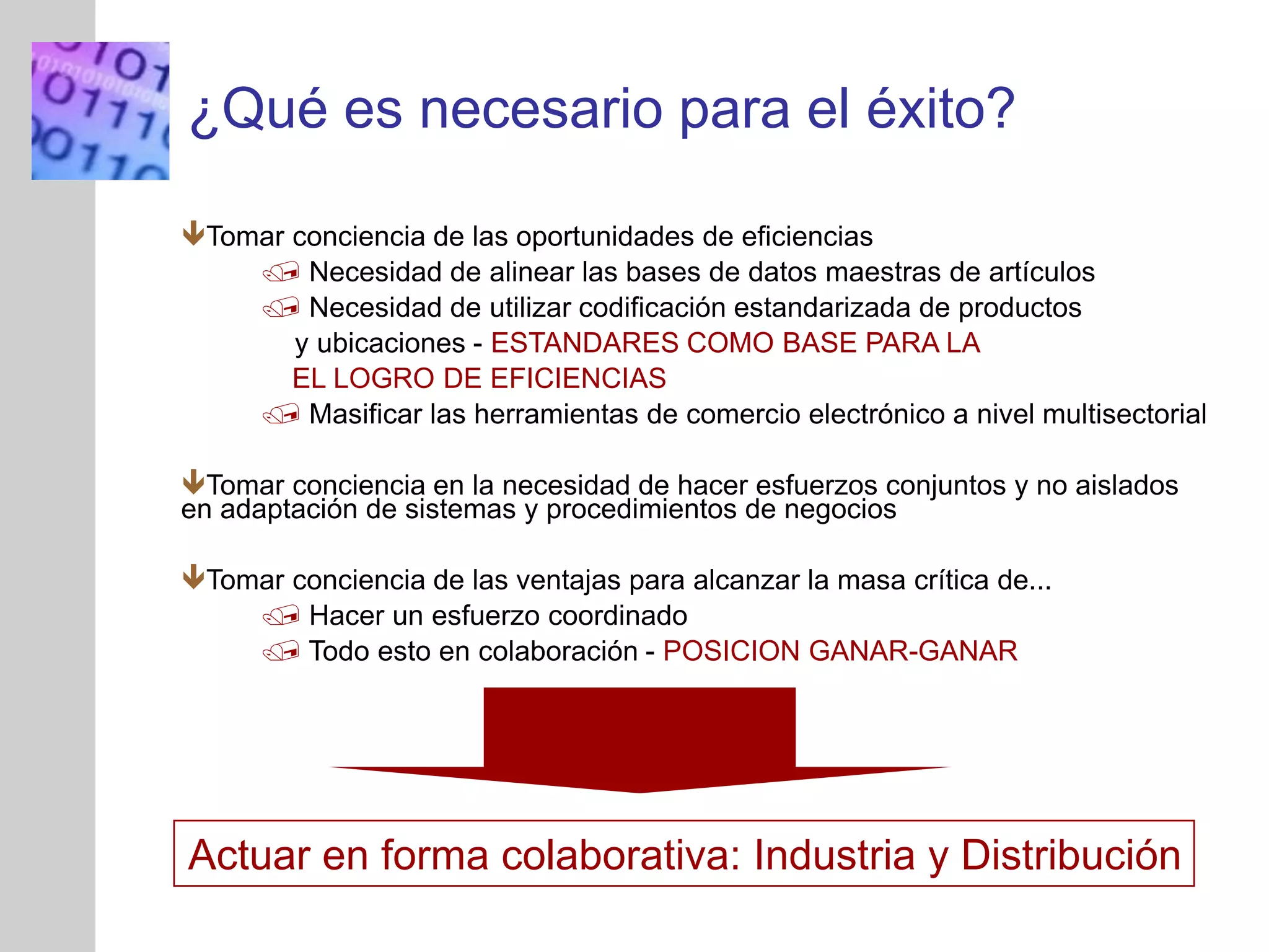 INSERT
GRAPHIC
SQUARE
HERE
¿Qué es necesario para el éxito?
Tomar conciencia de las oportunidades de eficiencias
 Necesidad de alinear las bases de datos maestras de artículos
 Necesidad de utilizar codificación estandarizada de productos
y ubicaciones - ESTANDARES COMO BASE PARA LA
EL LOGRO DE EFICIENCIAS
 Masificar las herramientas de comercio electrónico a nivel multisectorial
Tomar conciencia en la necesidad de hacer esfuerzos conjuntos y no aislados
en adaptación de sistemas y procedimientos de negocios
Tomar conciencia de las ventajas para alcanzar la masa crítica de...
 Hacer un esfuerzo coordinado
 Todo esto en colaboración - POSICION GANAR-GANAR
Actuar en forma colaborativa: Industria y Distribución
 