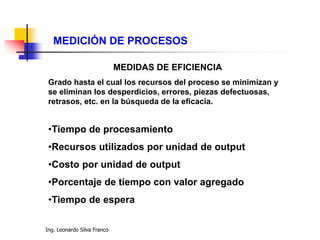 Ing. Leonardo Silva Franco
MEDICIÓN DE PROCESOS
MEDIDAS DE EFICIENCIA
Grado hasta el cual los recursos del proceso se minimizan y
se eliminan los desperdicios, errores, piezas defectuosas,
retrasos, etc. en la búsqueda de la eficacia.
•Tiempo de procesamiento
•Recursos utilizados por unidad de output
•Costo por unidad de output
•Porcentaje de tiempo con valor agregado
•Tiempo de espera
 