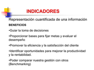 Representación cuantificada de una información
BENEFICIOS
•Guiar la toma de decisiones
•Proporcionar bases para fijar metas y evaluar el
desempeño
•Promover la eficiencia y la satisfacción del cliente
•Identificar oportunidades para mejorar la productividad
y la rentabilidad.
•Poder comparar nuestra gestión con otros
(Benchmarking)
INDICADORES
 