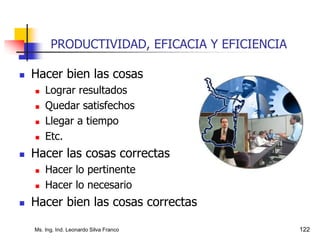 Ms. Ing. Ind. Leonardo Silva Franco 122
PRODUCTIVIDAD, EFICACIA Y EFICIENCIA
 Hacer bien las cosas
 Lograr resultados
 Quedar satisfechos
 Llegar a tiempo
 Etc.
 Hacer las cosas correctas
 Hacer lo pertinente
 Hacer lo necesario
 Hacer bien las cosas correctas
 