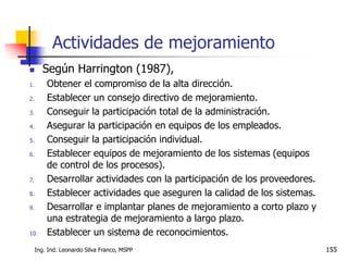 Ing. Ind. Leonardo Silva Franco, MSPP 155
Actividades de mejoramiento
 Según Harrington (1987),
1. Obtener el compromiso de la alta dirección.
2. Establecer un consejo directivo de mejoramiento.
3. Conseguir la participación total de la administración.
4. Asegurar la participación en equipos de los empleados.
5. Conseguir la participación individual.
6. Establecer equipos de mejoramiento de los sistemas (equipos
de control de los procesos).
7. Desarrollar actividades con la participación de los proveedores.
8. Establecer actividades que aseguren la calidad de los sistemas.
9. Desarrollar e implantar planes de mejoramiento a corto plazo y
una estrategia de mejoramiento a largo plazo.
10. Establecer un sistema de reconocimientos.
 
