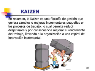 159
KAIZEN
En resumen, el Kaizen es una filosofía de gestión que
genera cambios o mejoras incrementales pequeñas en
los procesos de trabajo, lo cual permite reducir
despilfarros y por consecuencia mejorar el rendimiento
del trabajo, llevando a la organización a una espiral de
innovación incremental.
 