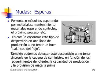 Ing. Ind. Leonardo Silva Franco, MSPP 175
 Personas o máquinas esperando
por materiales, mantenimiento,
materiales esperando controles,
el próximo proceso, etc.
 Es común encontrar este tipo de
desperdicio en una línea de
producción al no tener un buen
“balanceo del flujo”.
Mudas: Esperas
También podemos detectar este desperdicio al no tener
sincronía en la cadena de suministro, en función de los
requerimientos del cliente, la capacidad de producción
y la provisión de materia prima
 