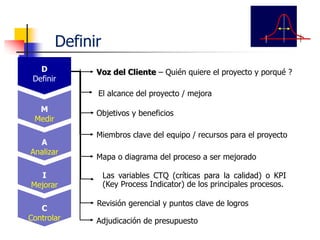 Voz del Cliente – Quién quiere el proyecto y porqué ?
El alcance del proyecto / mejora
Miembros clave del equipo / recursos para el proyecto
Revisión gerencial y puntos clave de logros
Adjudicación de presupuesto
Definir
D
Definir
M
Medir
A
Analizar
I
Mejorar
C
Controlar
Las variables CTQ (críticas para la calidad) o KPI
(Key Process Indicator) de los principales procesos.
Mapa o diagrama del proceso a ser mejorado
Objetivos y beneficios
 