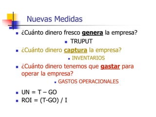 Nuevas Medidas
 ¿Cuánto dinero fresco genera la empresa?
 TRUPUT
 ¿Cuánto dinero captura la empresa?
 INVENTARIOS
 ¿Cuánto dinero tenemos que gastar para
operar la empresa?
 GASTOS OPERACIONALES
 UN = T – GO
 ROI = (T-GO) / I
 