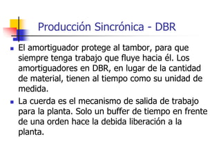 Producción Sincrónica - DBR
 El amortiguador protege al tambor, para que
siempre tenga trabajo que fluye hacia él. Los
amortiguadores en DBR, en lugar de la cantidad
de material, tienen al tiempo como su unidad de
medida.
 La cuerda es el mecanismo de salida de trabajo
para la planta. Solo un buffer de tiempo en frente
de una orden hace la debida liberación a la
planta.
 