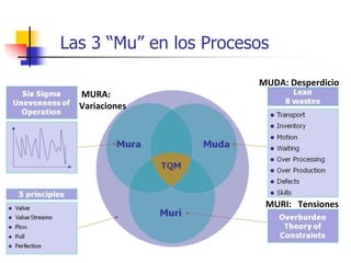 Las 3 “Mu” en los Procesos
MUDA: Desperdicio
MURA:
Variaciones
MURI: Tensiones
 