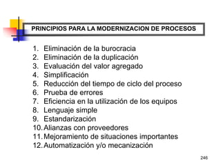 246
PRINCIPIOS PARA LA MODERNIZACION DE PROCESOS
1. Eliminación de la burocracia
2. Eliminación de la duplicación
3. Evaluación del valor agregado
4. Simplificación
5. Reducción del tiempo de ciclo del proceso
6. Prueba de errores
7. Eficiencia en la utilización de los equipos
8. Lenguaje simple
9. Estandarización
10.Alianzas con proveedores
11.Mejoramiento de situaciones importantes
12.Automatización y/o mecanización
 