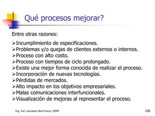 Ing. Ind. Leonardo Silva Franco, MSPP 258
Entre otras razones:
Incumplimiento de especificaciones.
Problemas y/o quejas de clientes externos o internos.
Proceso con alto costo.
Proceso con tiempos de ciclo prolongado.
Existe una mejor forma conocida de realizar el proceso.
Incorporación de nuevas tecnologías.
Pérdidas de mercados.
Alto impacto en los objetivos empresariales.
Malas comunicaciones interfuncionales.
Visualización de mejoras al representar el proceso.
Qué procesos mejorar?
 