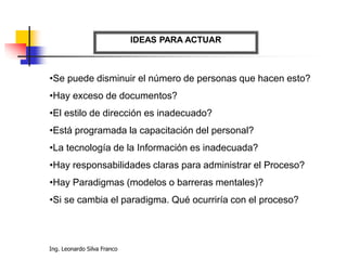 Ing. Leonardo Silva Franco
IDEAS PARA ACTUAR
•Se puede disminuir el número de personas que hacen esto?
•Hay exceso de documentos?
•El estilo de dirección es inadecuado?
•Está programada la capacitación del personal?
•La tecnología de la Información es inadecuada?
•Hay responsabilidades claras para administrar el Proceso?
•Hay Paradigmas (modelos o barreras mentales)?
•Si se cambia el paradigma. Qué ocurriría con el proceso?
 