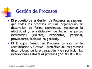 Ing. Ind. Leonardo Silva Franco, MSPP 28
Gestión de Procesos
 El propósito de la Gestión de Procesos es asegurar
que todos los procesos de una organización se
desarrollan de forma coordinada, mejorando la
efectividad y la satisfacción de todas las partes
interesadas (clientes, accionistas, personal,
proveedores, sociedad en general).
 El Enfoque Basado en Procesos consiste en la
Identificación y Gestión Sistemática de los procesos
desarrollados en la organización y en particular las
interacciones entre tales procesos (ISO 9000:2008).
 