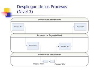 Despliegue de los Procesos
(Nivel 3)
Proceso “A” Proceso “C”
Proceso “B1”
Proceso “B3”
Procesos de Primer Nivel
Procesos de Segundo Nivel
Procesos de Tercer Nivel
Proceso “B2a” Proceso “B2b”
 