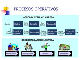 PROCESOS OPERATIVOS
AGROINDUSTRIA AZUCARERA
Envasado
Industria
lización
Comercia
lización
Almacena
miento
Azúcar
granel
Pedido del Servicio Proceso de Conexión Facturación Recaudaciones
COMERCIALIZACIÓN ELÉCTRICA
Caña
Planta
Caña
CortadaCosechaCultivo TransporteSemilla
Caña
En patio
Azúcar
en funda
o saco
Azúcar
en funda
o saco
 