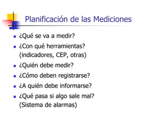 Planificación de las Mediciones
 ¿Qué se va a medir?
 ¿Con qué herramientas?
(indicadores, CEP, otras)
 ¿Quién debe medir?
 ¿Cómo deben registrarse?
 ¿A quién debe informarse?
 ¿Qué pasa si algo sale mal?
(Sistema de alarmas)
 