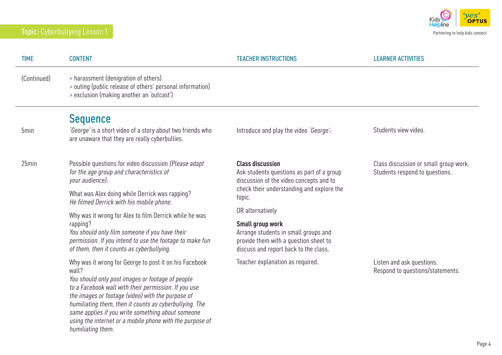 Page 4
TIME Content Teacher instructions Learner Activities
Sequence
‘George’ is a short video of a story about two friends who
are unaware that they are really cyberbullies.
Possible questions for video discussion (Please adapt
for the age group and characteristics of
your audience):
What was Alex doing while Derrick was rapping?
He filmed Derrick with his mobile phone.
Why was it wrong for Alex to film Derrick while he was
rapping?
You should only film someone if you have their
permission. If you intend to use the footage to make fun
of them, then it counts as cyberbullying.
Why was it wrong for George to post it on his Facebook
wall?
You should only post images or footage of people
to a Facebook wall with their permission. If you use
the images or footage (video) with the purpose of
humiliating them, then it counts as cyberbullying. The
same applies if you write something about someone
using the internet or a mobile phone with the purpose of
humiliating them.
5min
(Continued)
25min
Introduce and play the video ‘George’: Students view video.
Class discussion or small group work.
Students respond to questions.
Listen and ask questions.
Respond to questions/statements.
Class discussion
Ask students questions as part of a group
discussion of the video concepts and to
check their understanding and explore the
topic.
OR alternatively
Small group work
Arrange students in small groups and
provide them with a question sheet to
discuss and report back to the class.
Teacher explanation as required.
 harassment (denigration of others)
 
outing (public release of others’ personal information)
 exclusion (making another an ‘outcast’)
Topic: Cyberbullying Lesson 1
 