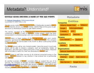 Metadata? Understand!
                                                                 Metadata
                                                                 Entities
                                                    Companies
                                                      Gilbarco Veeder-Root             Gilbarco

                                                      Google         InformationWeek

                                                      T-Mobile        HTC

                                                      Qualcomm              Motorola
                                                    Persons
                                                      Lucy Sackett            Sackett

                                                    Locations
                                                      Atlanta        United States

                                                    Organizations
                                                      National Association of Conveni…

                                                    Technologies
                                                      Internet      Linux      Open-source …
                                                    Product
                                                      New Service           Google Service


      Copyright © 2009 TEMIS –All rights reserved                    Facts                   5
 