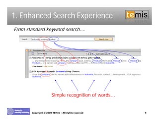 1. Enhanced Search Experience
From standard keyword search….




                       Simple recognition of words…


       Copyright © 2009 TEMIS –All rights reserved    9
 