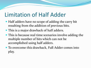 Limitation of Half Adder
 Half adders have no scope of adding the carry bit
resulting from the addition of previous bits.
 This is a major drawback of half adders.
 This is because real time scenarios involve adding the
multiple number of bits which can not be
accomplished using half adders.
 To overcome this drawback, Full Adder comes into
play.
 
