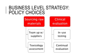BUSINESS LEVEL STRATEGY:
POLICY CHOICES
Sourcing raw
materials
Team up w/
suppliers
Toxicology
assessment
Clinical
evaluation
In-use
testing
Continual
evaluation
 