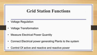 Grid Station Functions
• Voltage Regulation
• Voltage Transformation
• Measure Electrical Power Quantity
• Connect Electrical power generating Plants to the system
• Control Of active and reactive and reactive power
 