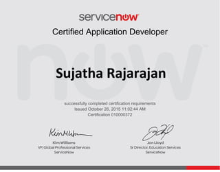 Issued October 26, 2015 11:02:44 AM
Sujatha Rajarajan
Certified Application Developer
successfully completed certification requirements
Certification 010000372
 