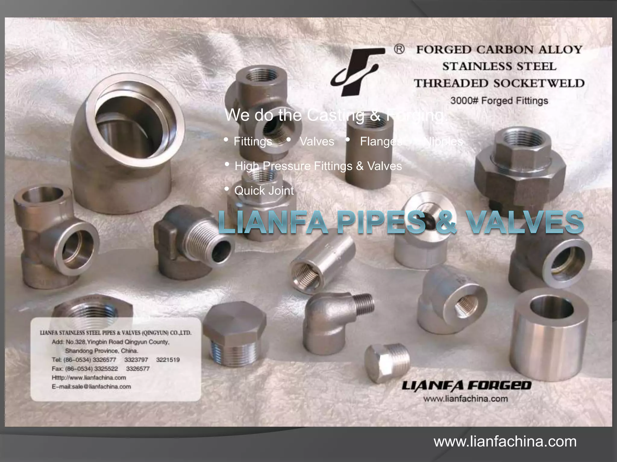 We do the Casting & Forging.
• Fittings • Valves • Flanges • Nipples
• High Pressure Fittings & Valves
• Quick Joint
www.lianfachina.com