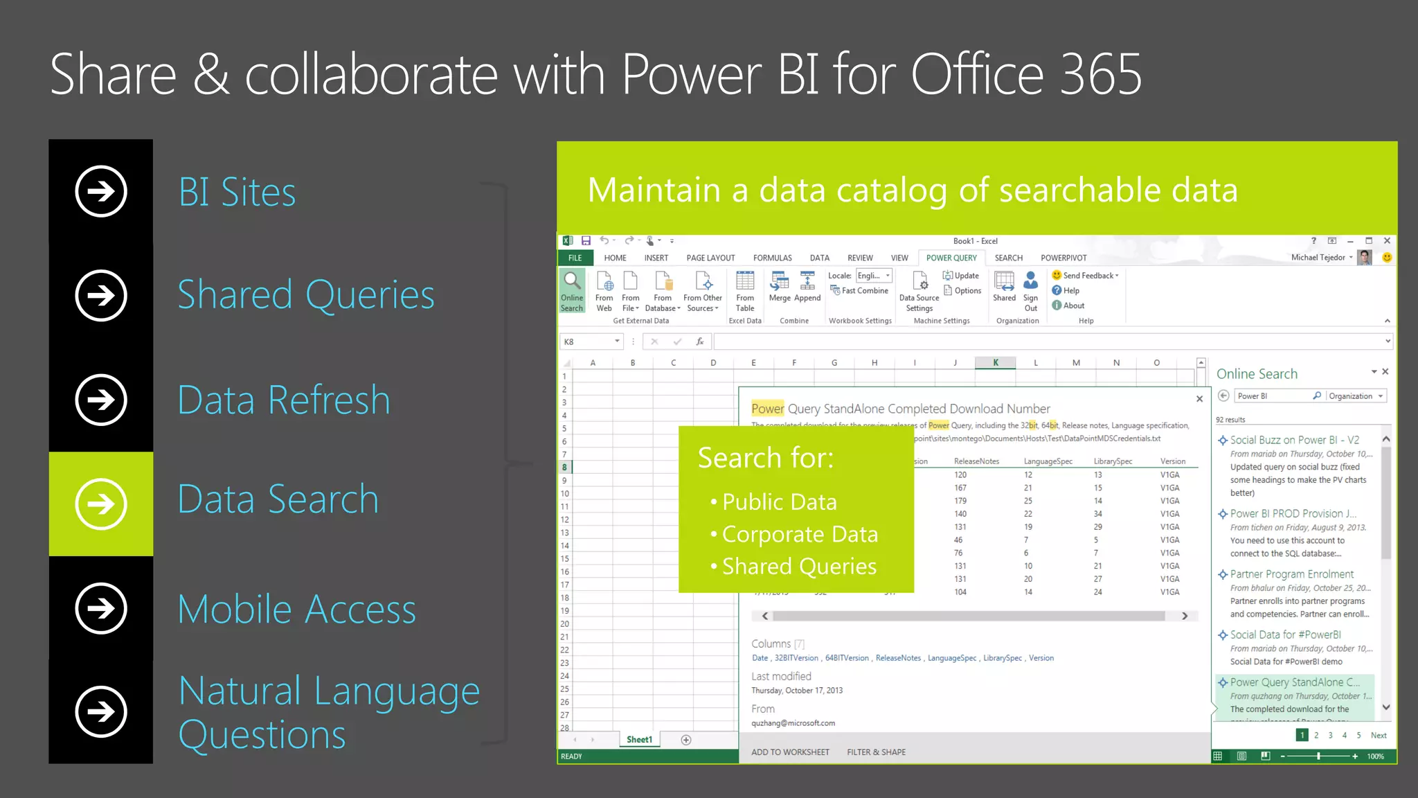 Shared Queries
Data Refresh
Data Search
Mobile Access
BI Sites
Natural Language
Questions
Search for:
• Public Data
• Corporate Data
• Shared Queries
 