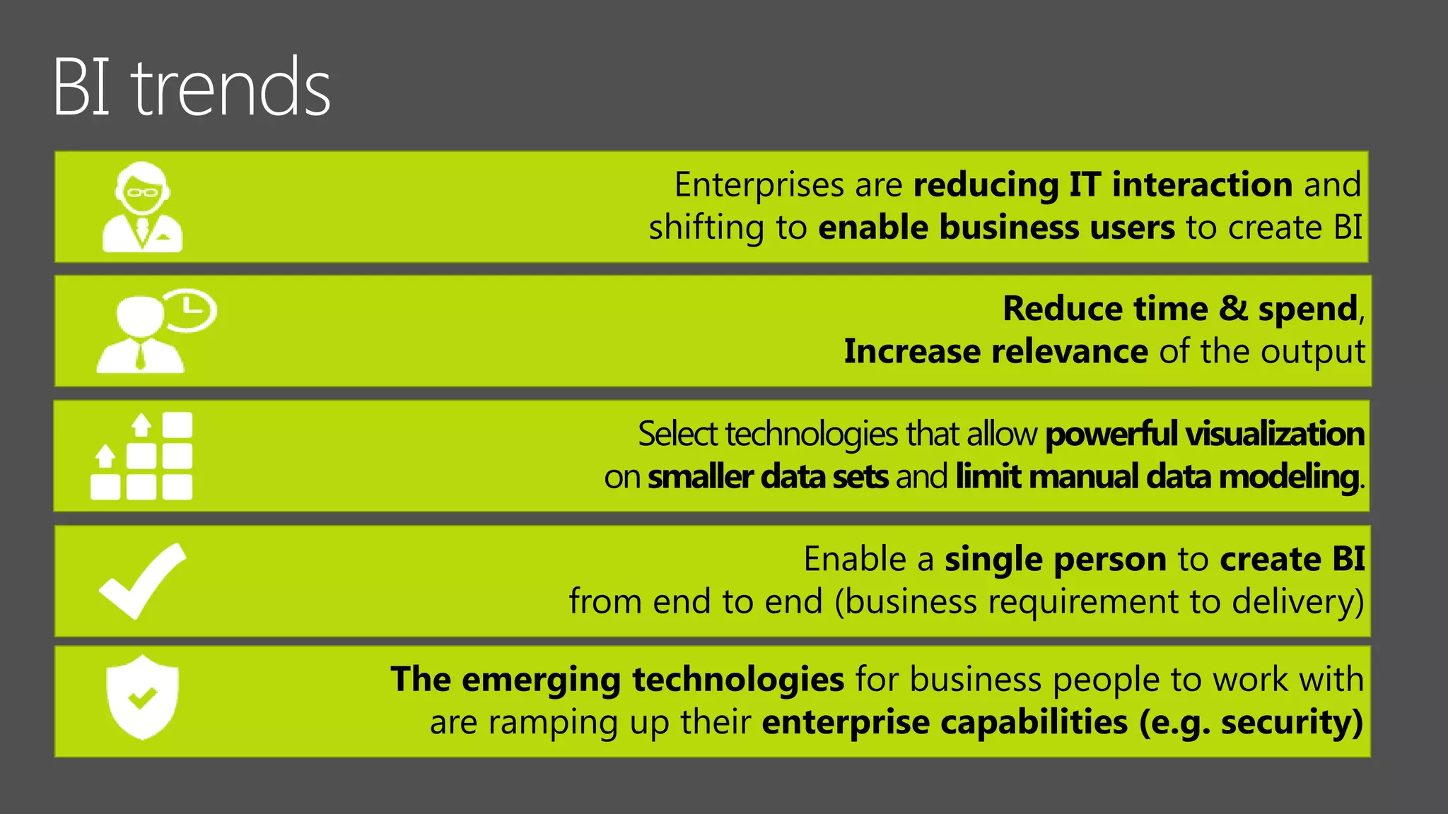 Enterprises are reducing IT interaction and
shifting to enable business users to create BI
Reduce time & spend,
Increase relevance of the output
Select technologies that allow powerful visualization
on smaller datasetsand limit manual datamodeling.
Enable a single person to create BI
from end to end (business requirement to delivery)
The emerging technologies for business people to work with
are ramping up their enterprise capabilities (e.g. security)
 