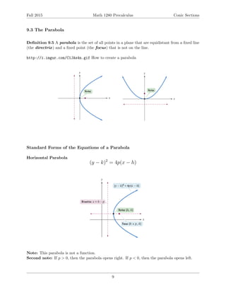 Fall 2015 Math 1280 Precalculus Conic Sections
9.3 The Parabola
Deﬁnition 9.5 A parabola is the set of all points in a plane that are equidistant from a ﬁxed line
(the directrix) and a ﬁxed point (the focus) that is not on the line.
http://i.imgur.com/C1JAs4n.gif How to create a parabola
Standard Forms of the Equations of a Parabola
Horizontal Parabola
(y − k)2
= 4p(x − h)
Note: This parabola is not a function.
Second note: If p > 0, then the parabola opens right. If p < 0, then the parabola opens left.
9
 