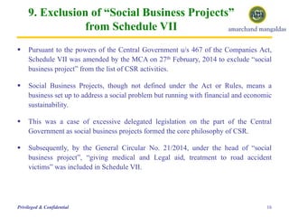 9. Exclusion of “Social Business Projects”
from Schedule VII
 Pursuant to the powers of the Central Government u/s 467 of the Companies Act,
Schedule VII was amended by the MCA on 27th February, 2014 to exclude “social
business project” from the list of CSR activities.
 Social Business Projects, though not defined under the Act or Rules, means a
business set up to address a social problem but running with financial and economic
sustainability.
 This was a case of excessive delegated legislation on the part of the Central
Government as social business projects formed the core philosophy of CSR.
 Subsequently, by the General Circular No. 21/2014, under the head of “social
business project”, “giving medical and Legal aid, treatment to road accident
victims” was included in Schedule VII.
16Privileged & Confidential
 