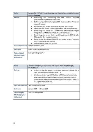 10
Rolle Beraterfür PM/MM (InstandhaltungundMaterialwirtschaft)bei Insulac
Azoren, Portugal
Beitrag  Einführung und Einstellung der SAP Module PM/MM
(Instandhaltung/Materialwirtschaft).
 Definierung und Erstellung des BBP (Business Blue Print) der
neuen Prozesse.
 Vorstellung der neuen Lösung mit aktiven Workshops.
 Definition der neuen Ersatzteilpolitik für die Instandhaltung.
 Einstellung und Teste des SAP Modules PM mit der nötigen
Integration zur Materialwirtschaft und Finanzwesen.
 Einstellung der neuen Rollen und Erlaubnisse in SAP für alle
Mitarbeiter der Insulac Industrie.
 Generierung der nötigen Handbücher zu den neuen Prozessen
und Schulung der Mitarbeiter.
 Unterstützung nach SAP go-live.
Geschäftsbereich Lebensmittelindustrie
Zeitraum März 2004 – Dezember2004
Technologie/
Methodologie/
Hilfsmittel
SAPR/3 Enterprise 4.7
Rolle Trainerfür PS(ProjektSysteme)undLogistikWorkshop Portugal,
Deutschland
Beitrag  Trainerfür das SAP Modul PS – ProjektSysteme (PLM200,210 e
230), fürMetropolitanode Lisboa,E.P.
 Workshopfürdie LogistikModule:MM(Materialwirtschaft),
WM (Lagerverwaltung),SD(Verkauf undExpedition) undPP
(ProduktionundProduktionsplanung)fürdie Gruppe ColepCCL
inLaupheimDeutschland.
Geschäftsbereich SAPEducationPortugal
Zeitraum Januar 2004 – Februar2004
Technologie/
Methodologie/
Hilfsmittel
SAPR/3 Enterprise 4.7
 