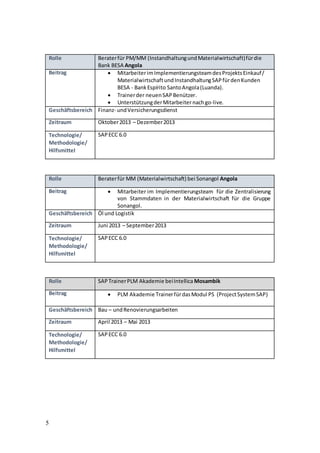 5
Rolle Beraterfür PM/MM (InstandhaltungundMaterialwirtschaft)fürdie
Bank BESA Angola
Beitrag  MitarbeiterimImplementierungsteamdesProjektsEinkauf/
MaterialwirtschaftundInstandhaltungSAPfürdenKunden
BESA - BankEspírito SantoAngola(Luanda).
 Trainerder neuenSAPBenützer.
 UnterstützungderMitarbeiternachgo-live.
Geschäftsbereich Finanz- undVersicherungsdienst
Zeitraum Oktober2013 – Dezember2013
Technologie/
Methodologie/
Hilfsmittel
SAPECC 6.0
Rolle Beraterfür MM (Materialwirtschaft) bei Sonangol Angola
Beitrag  Mitarbeiter im Implementierungsteam für die Zentralisierung
von Stammdaten in der Materialwirtschaft für die Gruppe
Sonangol.
Geschäftsbereich Öl und Logistik
Zeitraum Juni 2013 – September2013
Technologie/
Methodologie/
Hilfsmittel
SAPECC 6.0
Rolle SAPTrainerPLM Akademie beiIntellica Mosambik
Beitrag  PLM Akademie TrainerfürdasModul PS (ProjectSystemSAP)
Geschäftsbereich Bau – undRenovierungsarbeiten
Zeitraum April 2013 – Mai 2013
Technologie/
Methodologie/
Hilfsmittel
SAPECC 6.0
 