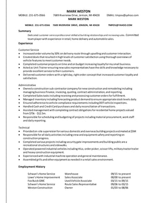 MARK WESTON
MOBILE: 231-675-0566 7689 Riverview Drive, Jenison, MI 49428 EMAIL: tmpov@yahoo.com
MARK WESTON
MOBILE: 231-675-0566 7689 RIVERVIEW DRIVE, JENISON, MI 49428 TMPOV@YAHOO.COM
Summary
Dedicated customer serviceprofessional skilled atbuildingrelationshipsand increasingsales .Committed
teamplayerwith experience inretail, home delivery andautomobilesales.
Experience
CustomerService
 Increasedordervolume by50% ondeliveryroute throughupsellingandcustomerinteraction.
 Createddealsthatresultedinhighlevelsof customersatisfactionusingthoroughoverviewsof
vehicle features tomeetcustomerneeds.
 Completed customerprojectsontime andonbudgetincreasingloyaltyformysmall business.
 Actedas Unit Trainerensuringnewsalesrepresentativeshave the skillsandknowledge necessaryto
provide excellentservice totheircustomers.
 Deliveredcustomerorderswitharightday,rightorder conceptthat increasedcustomerloyaltyand
satisfaction.
Administrative
 Owneda construction sub-contractorcompanyfornew constructionandremodelingincluding
managingbusinessfinance,invoicing,quoting,contract administration,andreporting.
 CompletedSalestasksincludingreceivingandprocessingcustomerordersforfulfillment.
 Managed inventoryincludingforecastingproductdemandtoensure appropriatestocklevels daily.
 Ensuredadherence tovehicle compliance requirementsincludingDOTvehicleinspections.
 Handled Cashand CreditCard purchases and dailyreconciliation of transactions.
 Assistedmanagementwithcompletingcontractobligationsforresidential home projectsvalued
from$75k - $12.5m.
 Responsible forschedulingandbudgetingof projectsincludingmaterial procurement,workstaff
and dailyreporting.
Technical
 Providedon-site supervisionforvariousdomesticandoverseasbuildingprojectsestimatedat$5M
 Responsible forall dailyactivitiesincludingcrew andequipmentsafetyandreportingon
constructionprogress.
 Completedvariousprojectsincludingsecuritygate improvementsandbuildingpublicarea
recreational structuresandsidewalks.
 Operatedpoweredindustrial vehiclesincludingHiLo, orderpicker,scissorlifts,militarytractortrailer
and heavyconstructionequipment.
 Experiencedwithindustrial machine operationandgeneral maintenance.
 Assembledgrillsandotherequipmentasneededinaretail salesenvironment.
Employment History
Schwan’sHome Service Warehouse 09/15 to present
Lowe’sHome Improvement SalesAssociate 00/00 to present
Fox BuickGMC UsedVehicle Associate 03/15 to 09/15
Schwan’sHome Service Route SalesRepresentative 09/06 to 03/15
WestonConstruction Owner 01/03 to 08/06
 