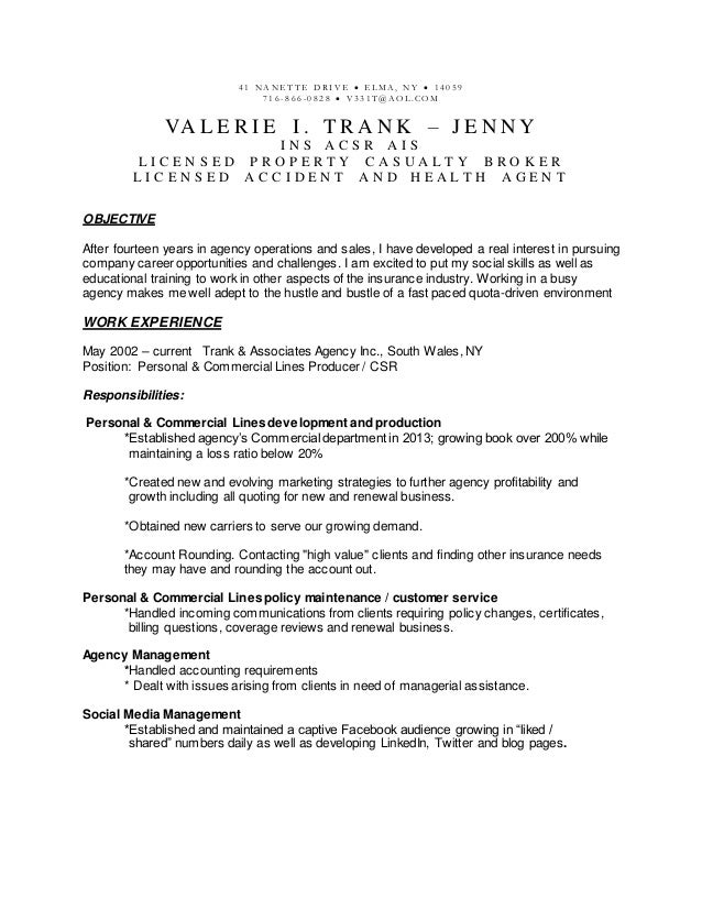 Commercial insurance csr resume