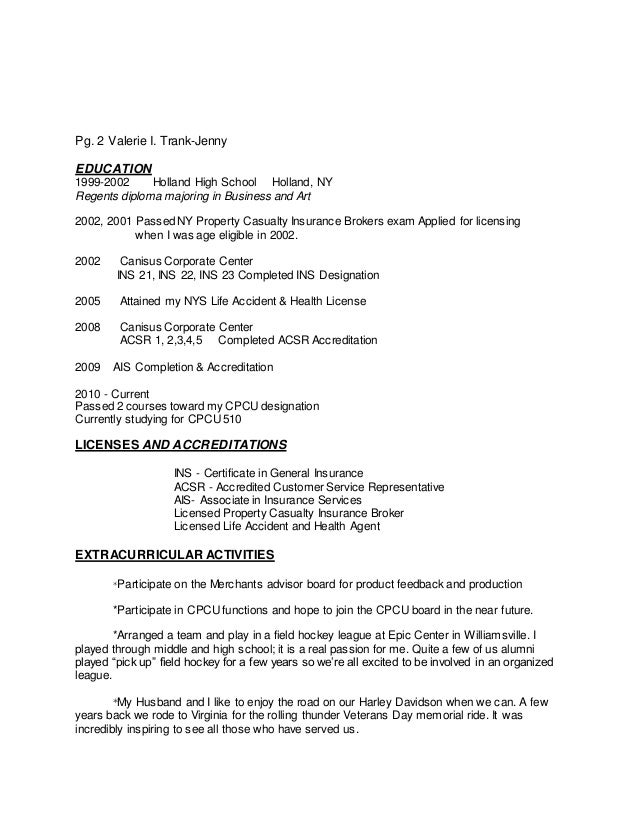 Life and health insurance license on resume