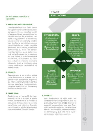 En esta etapa se evalúa lo
siguiente:
1. PERFIL DEL INVERSIONISTA.
Determinaremos si su perfil perso-
nal y profesional son los adecuados
para poder llevar a cabo la creación
o la expansión de su negocio en los
Estados Unidos. En el ámbito per-
sonal le ayudaremos a definir si su
salud, control emocional y estabili-
dad familiar le permitirían concen-
trarse o no en su nuevo negocio.
Asimismo, en el ámbito profesional
definiremos su nivel de conoci-
mientos técnicos para determinar
cuál sería el equipo de profesiona-
les que mejor lo complementaría.
Finalmente, analizaremos su situa-
ción actual en materia financiera,
tributaria, legal y migratoria para
poder realmente personalizar su
PEM-Activo©.
2. EQUIPO.
Evaluaremos a su equipo actual
para determinar si cuenta con la
preparación académica, experien-
cia internacional y la red de contac-
tos que usted y su negocio requie-
ren para maximizar sus fortalezas y
minimizar debilidades.
3. INVERSIÓN.
Basándonos en su perfil de inver-
sionista y el de su equipo, le ayuda-
remos a determinar si el modelo o
estructura de negocio es la correcta
para lograr sus objetivos financie-
ros, tributarios, legales y/o migrato-
rios al invertir en Estados Unidos.
4. CLIENTE.
Nos aseguramos de que exista un
verdadero mercado potencial para su
producto y/o servicio ANTES de crear o
expandir su negocio en este país. Ade-
más, verificamos que las barreras para
entrar a ese mercado no sean demasia-
do complejas y que esto no le repre-
sente gastos y tiempo excesivos.
EVALUACIÓN.
3
©2017TodoslosderechosReservadosparaG&A
InternationalStrategicConsulting,LLC
 