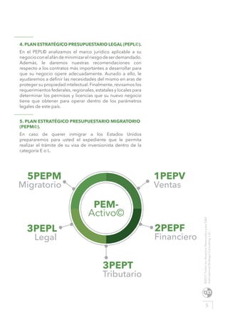 4. PLAN ESTRATÉGICO PRESUPUESTARIO LEGAL (PEPL©).
En el PEPL© analizamos el marco jurídico aplicable a su
negocioconelafándeminimizarelriesgodeserdemandado.
Además, le daremos nuestras recomendaciones con
respecto a los contratos más importantes a desarrollar para
que su negocio opere adecuadamente. Aunado a ello, le
ayudaremos a definir las necesidades del mismo en aras de
proteger su propiedad intelectual. Finalmente, revisamos los
requerimientos federales, regionales, estatales y locales para
determinar los permisos y licencias que su nuevo negocio
tiene que obtener para operar dentro de los parámetros
legales de este país.
5. PLAN ESTRATÉGICO PRESUPUESTARIO MIGRATORIO
(PEPM©).
En caso de querer inmigrar a los Estados Unidos
prepararemos para usted el expediente que le permita
realizar el trámite de su visa de inversionista dentro de la
categoría E o L.
5
©2017TodoslosderechosReservadosparaG&A
InternationalStrategicConsulting,LLC
 