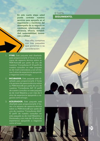 SEGUIMIENTO.
En esta cuarta etapa usted
puede contratar nuestros
servicios para apoyarlo en el
seguimiento y monitoreo del
desempeño de su negocio en
cuestiones relacionadas con
eficiencia, eficacia, rentabili-
dad, sustentabilidad, innova-
ción y calidad.
1.	 PYME. Este paquete está diseñado
para proporcionarle 2 horas a la se-
mana de asesoría técnica sobre su
PEM-Activo© por parte de uno de
nuestros “Consultores A”. El perfil de
nuestro consultor en este paquete
es de nivel Licenciatura y con al me-
nos 5 años de experiencia apoyando
a negocios como el suyo.
2.	 INCUBADOR. Este paquete está di-
señado para proporcionarle 2 horas
a la semana de asesoría técnica sobre
su PEM-Activo© por parte de uno de
nuestros “Consultores AA”. El perfil
de nuestro consultor en este paquete
es de nivel Maestría y con más de 5
años de experiencia apoyando a ne-
gocios como el suyo.
3.	 ACELERADOR. Este paquete está
diseñado para proporcionarle 2 ho-
ras a la semana de asesoría técnica
sobre su PEM-Activo© por parte de
uno de nuestros “Consultores AAA”.
El perfil de nuestro consultor en
este paquete es de nivel Maestría o
Doctorado y con más de 10 años de
experiencia apoyando a negocios
como el suyo.
Para ello, contamos
con tres paquetes
que ponemos a su
consideración:­­
7
©2017TodoslosderechosReservadosparaG&A
InternationalStrategicConsulting,LLC
 