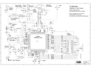 TL-WR703N 
150M 802.11n Wi-Fi Router 
Reverse Engineering Work 
http://squonk42.github.com/TL-WR703N/ 
Based on teardown performed by Kean 
on the OpenWRT forums, see: 
http://www.kean.com.au/oshw/WR703N/teardown/ 
© 2012, Michel Stempin. All rights reserved. 
CC-BY-SA 
A37 
GPIO28 
RESET_SW 
RESET 
Power Input 
GND GND 
RESET_SW 
A34 
A33 
A35 
14 
B28 
16 
B29 
B30 
B31 
15 
AR9331-AL1A 
DDR 
A3S56F40FTP 
R64 
75R 
ETH10_100_TRANSFO 
3k 
R102 
R101 
USB 2.0 
NP NP 
NP 0R 
22R 
22R 
22R 
22R 
DQ14 
DQ13 
DQ12 
DQ11 DQ11_B 
22R 
22R 
22R 
UDQS UDQS_B 
22R 
22R 
22R 
22R 
22R 
22R 
22R 
22R 
22R 
22R 
22R 
10k 
22R 
22R 
22R 
10k 
10k 
10k 
10k 
12 
NC 
B27 
10k 
C2 
USB_DM 
USB_DP 
C81 
10k 
0R 
10k 
0R 
0R 
1k 
R62 
10k 
NP 3k 
0R 
2k4 
50R 
12p 
C53 
R76 
50R 
10 
11 
9 
50R 50R 
3k8 
1k 100p 
low ind 
USB2 
100n 
SPI_SO 
1p6 2p4 12p 
12p 
A32 
NP 
12p 
12p 12p 
100n 
10n 
100n 100n 
NP 2p4 
2p4 2p4 
1p2 1p2 
12p 
Populate R113 to bypass the 
A39 
100n 
TPS2041BDBV 
1 
2 
3 
R108 R107 
1k 0R 
OUT 
GND 
OC 
50R 
A36 
A38 
B32 
B33 
B34 
B35 
12p 12p 
NP 
A42 
50R 
low ind 
low ind 
low ind 
low ind 
low ind 
low ind 
low ind 
low ind 
25.00 MHz 
JUMPER 
1n 1206 
USB-MICROB 
10u 0805 
10u 0805 
S8550M 
Blue LED NP 
USB-A_TH 
TACT_SWITCH_SPST 
RJ45_2SH 
75R 
75R 
75R 
66k4 
22R 
10k 
22R 
22R 
22R 
0R 
NP 
S8550M 
10n 
10n 
10n 
10n 
299k 
22p 
10n 
10n 
10n 
10n 
10n 
10n 
10n 
10n 
10n 
DQ10 
DQ9 
10n 
10n 
10n 
10n 
10n 100n 
100n 
10n 
10n 
100n 
10n 
10n 
10n 
10n 
10n 
10n 
100n 
100n 10n 
10n 
A27 
10n 
10n 
10n 
10n 
100n 
EN 
100n 
12p 
10u 0805 
10u 0805 
10u 0805 
10u 0805 
22u 0805 
22u 0805 
10u 0805 
1n 1206 
1n 1206 
10n 
10k 
10p 
C78 
C67 
10n 
10n 
10n 
B36 
10n 
0p5 NP 0n 
A10/AP 
10n 
NP 100R 
10n 
10n 
A40 
10n 
A41 
1n 
0R 
10k 
6k2 
10k 
10k 
10k 
B37 
22R 
22R 
22R 
22R 
22R 
22R 
22R 
22R 
0R 
6k2 
1n 6k2 
100n 
0R 
1k 
3k 3k 
UNKNOWN_BUCK 
4u 
S25FL032P0XMFI01 
GND AN1 
WIFI_ANTENNA 
GND_3CONTACTS 
1u 0603 
4u7 0603 
4u7 0603 NP 
1u 0603 
NP 
10R 0603 
0R 0603 
1u 
10n 
GND 
GND 
SPI_CS_0 
SPI_MISO 
ANT1_OUTP 
GND 
GND 
GND 
GND 
GND 
GND 
GND 
GND GND 
GND 
GND GND 
GND 
GND 
GND 
GND 
GND 
GND 
GND 
GND 
GND 
GND 
GND 
GND 
GND 
GND 
GND 
GND 
GND 
GND 
GND 
GND 
GND 
GND 
GND 
DQ15_B 
DQ14_B 
DQ13_B 
DQ12_B 
DQ10_B 
DQ8_B 
GND 
GND 
GND 
GND 
GND 
GND GND 
GND 
GND 
GND 
GND 
GND 
GND 
A31 
GND 
GND 
B22 
GND 
GND 
GND 
GND 
GND 
GND 
GND 
GND 
GND 
GND 
B26 
GNDGND 
A10_B/AP_B 
GND 
GND 
GND 
GND 
GND 
GND 
GND 
GND 
GND 
B38 
GND GND GND 
GND 
GND 
MMBD7000 
MMBD7000 
SHIELD SHIELD SHIELD 
SHIELD 
SHIELD 
GND 
GND 
+2V5 
+2V0 
+3V3 
VDD 
VDD 
+2V5 
+2V5 
+3V3 
+3V3 
+3V3 
+3V3 
+3V3 
+3V3 
+3V3 
+3V3 
+3V3 
+3V3 
+3V3 
+3V3 
+3V3 
A3 
A3 
A4 
A4 
A5 
A5 
A6 
A6 
A7 
A7 
A8 
A8 
A9 
A9 
A10 
A10 
A11 
A11 
A12 
A12 
A13 
A13 
A14 
A14 
A15 
A15 
A16 
A16 
A17 
A17 
A18 
A18 
A19 
A19 
A20 
A20 
A25 
A26 
A25 
A27 
A26 
A28 
B23 
A28 
A29 
B24 
A29 
A30 
B25 
A30 
A31 
A32 
A33 
A34 
A35 
A36 
A37 
A38 
A39 
A40 
A41 
A42 
B20 
B21 
A47 
A47 
A48 
A48 
A49 
A49 
A50 
A50 
A51 
A51 
A52 
A52 
A53 
A53 
A54 
A54 
A55 
A55 
A56 
A56 
A57 
A57 
A58 
A58 
A59 
A59 
A60 
A60 
A61 
A61 
A62 
A62 
A63 
A63 
A64 
A64 
A65 
A65 
A68 
A68 
A69 
A69 
A70 
A70 
A71 
A71 
A72 
A72 
A73 
A73 
A74 
A74 
A75 
A75 
A76 
A76 
A77 
A77 
A78 
A78 
A79 
A79 
A80 
A80 
A81 
A81 
A82 
A82 
A83 
A83 
A84 
A84 
A85 
A85 
A86 
A86 
B1 
B1 
B2 
B2 
B3 
B3 
B4 
B4 
B5 
B5 
B6 
B6 
B7 
B7 
B8 
B8 
B9 
B9 
B10 
B10 
B11 
B11 
B12 
B12 
B13 
B13 
B14 
B14 
B15 
B15 
B16 
B16 
B17 
B17 
B18 
B18 
B19 
B19 
B20 
B21 
B22 
B23 
B24 
B25 
B26 
B27 
B28 
B29 
B30 
B31 
B32 
B33 
B34 
B35 
B36 
B37 
B38 
B39 
B39 
B40 
B40 
B41 
B41 
B42 
B42 
B43 
B43 
B44 
B44 
B45 
B45 
B46 
B46 
B47 
B47 
B48 
B48 
B49 
B49 
B50 
B50 
B51 
B51 
B52 
B52 
B53 
B53 
B54 
B54 
B55 
B55 
B56 
B56 
B59 
B59 
B60 
B60 
B61 
B61 
B62 
B62 
B63 
B63 
B64 
B64 
B65 
B65 
B66 
B66 
B67 
B67 
B68 
B68 
B69 
B69 
B70 
B70 
B71 
B71 
B72 
B72 
B73 
B73 
B74 
B74 
B75 
B75 
B76 
B76 
C73 
C65 
PAD 
PAD 
U1 
VDD 
1 
DQ0 
2 
VDDQ 
3 
DQ1 
4 
DQ2 
5 
VSSQ 
6 
DQ3 
7 
DQ4 
8 
VDDQ 
9 
DQ5 
10 
DQ6 
11 
VSSQ 
12 
DQ7 
13 
NC 
14 
VDDQ 
15 
LDQS 
16 
NC 
17 
VDD 
18 
NC 
19 
LDM 
20 
WE 
21 
CAS 
22 
RAS 
23 
CS 
24 
NC 
25 
BA0 
26 
BA1 
27 
A10/AP 
28 
A0 
29 
A1 
30 
A2 
31 
A3 
32 
VDD 
33 
VSS 
34 
A4 
35 
A5 
36 
A6 
37 
A7 
38 
A8 
39 
A9 
40 
A11 
41 
A12 
42 
NC 
43 
CKE 
44 
CLK 
45 
CLK 
46 
UDM 
47 
VSS 
48 
VREF 
49 
NC 
50 
UDQS 
51 
VSSQ 
52 
NC 
53 
DQ8 
54 
VDDQ 
55 
DQ9 
56 
DQ10 
57 
VSSQ 
58 
DQ11 
59 
DQ12 
60 
VDDQ 
61 
DQ13 
62 
DQ14 
63 
VSSQ 
64 
DQ15 
65 
VSS 
66 
U2 
TX+ 
TD+ 
1 
GND 
TCT 
2 
13 
RD+ 
TD- 
TX- 
3 
RD- 
6 
GND 
RCT 
7 
RX+ 
RX- 
8 
NC 
4 
NC 
NC 
5 
T1 
R92 
R104 R103 
R98 R106 
R49 
R48 
R47 
R43 
R41 
R39 
R37 
R21 
R23 
R25 
R27 
R29 
R31 
R33 
R35 
R50 
R52 
R42 
R26 
R28 
R54 
R56 
R82 
R12 
R11 
R4 
R58 
R17 
R16 
R15 
R57 
R63 R60 
R18 
R20 
R79 
R78 R77 
R83 
R91 
C62 
C30 
C7 
C27 C26 C25 
C19 
C55 
C48 
C49 C50 
C115 
C92 
C52 C51 
C23 C22 
C34 C33 
C21 C20 
C28 
C35 
C36 
C60 C61 
C57 
L11 
L4 
L2 
L5 
L8 
L6 
L9 
L7 
L3 
TP_IN 
TP_OUT 
TPDDR 
GND 
3 1 
4 
2 
Y1 
J1 
C37 
1 
2 
3 
4 
5 
USB1 
C103 
C113 
Q2 
LED3 LED2 
1 
2 
3 
4 
2 
3 
1 
SW2 
1 
1 
2 
2 
3 
3 
4 
4 
5 
5 
6 
6 
7 
7 
8 
8 
J3 
TPGND 
TP3V3 
TP2V0 
TP2V5 
TP1V2 
R68 
R65 
R71 
R100 
R45 
R53 
R51 
R22 
R24 
R96 
R93 
Q1 
C13 
C12 
C9 
C14 
R99 
C106 
C82 
C86 
C77 
C98 
C97 
C72 
C74 
C47 C46 
C111 
C70 
C101 
C95 
C94 
C76 
C75 
C93 
C83 
C87 
C5 
C100 C99 
C64 
C71 
C15 
C8 
C102 
C96 
C105 
C18 
C4 
C109 
C84 
C38 
C104 
C85 
C16 
C45 
C114 
C63 
R84 
C24 
C91 
C90 
C89 
C88 
C31 C29 
C32 
A0 
A1 
A2 
C66 
R55 
C6 
C10 
C79 
C80 
C1 
R97 
R7 
R14 
R3 
R2 
R13 
R46 
R44 
R40 
R38 
R36 
R34 
R32 
R30 
L1 
R59 
R61 
C17 
C108 
R112 
R109 
R111 R110 
4 
IN 
5 
U6 
EN 
1 
GND 
2 
LX 
3 
IN 
4 
FB 
5 
U5 
L14 
CS 
1 
SO/IO1 
2 
W/ACC/IO2 
3 
GND 
4 
SI/IO0 
5 
SCK 
6 
HOLD/IO3 
7 
VCC 
8 
U3 
RF 
GND 
GND_CONTACTS 
C119 
C107 
C112 C110 
C3 
R113 
R95 
R94 
L13 
C11 
D1 
D2 
A0_B 
A1_B 
A2_B 
A3_B 
CKE 
A12_B 
A11_B 
A9_B 
A8_B 
A7_B 
A6_B 
A5_B 
A4_B 
CKE 
CKE 
RX_GND 
RX+ 
TX_GND 
TX- 
CLK_B 
A3 
A3 
CLK_B 
A11 
A11 
A8 
A8 
A6 
A6 
A5 
A5 
A7 
A7 
A9 
A9 
A4 
A4 
GPIO1 
GPIO13 
A12 
A12 
TP_IN 
GPIO17 
GPIO15 
XIN 
GPIO16 
GPIO6 
USB_DP 
GPIO7 
ANT1_OUTN 
SPI_CS_0 
ANT1_INT 
SPI_CLK 
SPI_CLK SPI_W 
LDO 
LED3 
LED3 
+3V3 
TX+ 
USB_POWER 
VBUS 
VBUS 
+5V0 
UDM UDM 
CAS 
CAS 
WE 
WE 
RAS 
RAS 
CS 
CS 
BA0 
BA0 
BA1 
BA1 
+1V2 
DQ15 
DQ8 
DQ4 
SPI_MOSI 
SPI_MOSI 
GPIO29 
TP_OUT 
DQ0_B 
DQ1_B 
DQ2_B 
DQ3_B 
DQ4B 
DQ5_B 
DQ6_B 
DQ7_B 
LDQS_B 
DQ0 
DQ1 
DQ2 
DQ3 
DQ5 
DQ6 
DQ7 
LDQS 
CLK 
CLK 
CLK 
CLK 
GPIO0 
XOUT 
GPIO14 
LDM 
LDM 
RD+ 
TD-TD+ 
RD- 
ANT1_INN 
ANT1_INP 
GPIO8 
D- USB_DM 
GPIO11 
DQ9_B 
D+ 
ANT1 
ETH_GND 
LX 
FB 
Licensed under a Creative Commons Attribution-Share-Alike 
Unported License. Rev. B 
See creativecommons.org/licenses/by-sa/3.0/ 
U6 USB current-limited 
power-distribution switch 
(Allows supplying the device from USB2) 
Remove J1 to solder 
an external antenna 
between J1/C30/C28 
and the nearby GND 
pad 
SPI Flash 
Wi-Fi Antenna 
Ethernet LED 
3.3 V DC/DC 
USB 
Power 
Switch 
AR9331 
MIPS24kc SoC 
Switch 
SDRAM 
10/100 MB 
Host 
Micro-USB 
UART 
Converter 
TL-WR703N 
14/10/2012 20:42:45 
Sheet: 1/1 
A 
B 
C 
D 
E 
F 
G 
H 
1 2 3 4 5 6 7 8 9 10 
A 
B 
C 
D 
E 
F 
G 
H 
1 2 3 4 5 6 7 8 9 10 
L 
 
