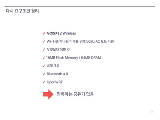 71 
다시 요구조건 정리 
✓ 무엇보다 2 Wireless 
✓ Wi-Fi중 하나는 미래를 위해 5GHz AC 모드 지원 
✓ 무엇보다 이쁠 것 
✓ 16MB Flash Memory / 64MB DRAM 
✓ USB 3.0 
✓ Bluetooth 4.0 
✓ OpenWRT 
만족하는 공유기 없음 
 