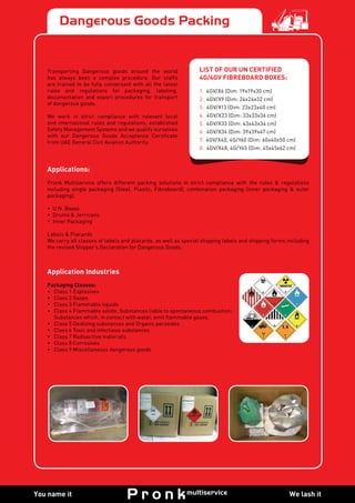 We lash itYou name it
Dangerous Goods Packing
Transporting Dangerous goods around the world
has always been a complex procedure. Our staffs
are trained to be fully conversant with all the latest
rules and regulations for packaging, labeling,
documentation and export procedures for transport
of dangerous goods.
We work in strict compliance with relevant local
and international rules and regulations, established
Safety Management Systems and we qualify ourselves
with our Dangerous Goods Acceptance Certificate
from UAE General Civil Aviation Authority.
Application Industries
Packaging Classes:
•	 Class 1 Explosives
•	 Class 2 Gases
•	 Class 3 Flammable liquids
•	 Class 4 Flammable solids; Substances liable to spontaneous combustion;
Substances which, in contact with water, emit flammable gases.
•	 Class 5 Oxidizing substances and Organic peroxides
•	 Class 6 Toxic and infectious substances
•	 Class 7 Radioactive materials
•	 Class 8 Corrosives
•	 Class 9 Miscellaneous dangerous goods
Applications:
Pronk Multiservice offers different packing solutions in strict compliance with the rules & regulations
including single packaging (Steel, Plastic, Fibreboard), combination packaging (inner packaging & outer
packaging).
•  U.N. Boxes
•  Drums & Jerricans
•  Inner Packaging
Labels & Placards
We carry all classes of labels and placards, as well as special shipping labels and shipping forms including
the revised Shipper’s Declaration for Dangerous Goods.
LIST OF OUR UN CERTIFIED
4G/4GV FIBREBOARD BOXES:
1.  4GV/X6 (Dim: 19x19x30 cm)
2.  4GV/X9 (Dim: 24x24x32 cm)
3.  4GV/X13 (Dim: 23x23x40 cm)
4.  4GV/X23 (Dim: 33x33x36 cm)
5.  4GV/X33 (Dim: 43x43x34 cm)
6.  4GV/X34 (Dim: 39x39x47 cm)
7.  4GV/X40, 4G/Y60 (Dim: 60x40x50 cm)
8. 4GV/X48, 4G/Y65 (Dim: 45x45x62 cm)
 