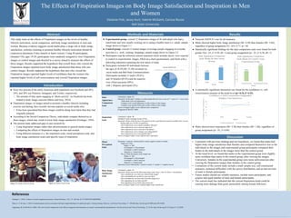 The Effects of Fitspiration Images on Body Image Satisfaction and Inspiration in Men
and Women
	
  Delainie	
  Fink,	
  Jacey	
  Hurt,	
  Valerie	
  McGairk,	
  Carissa	
  Rouse	
  
Ball	
  State	
  University	
  
Festinger L. (1954). A theory of social comparison processes. Human Relations 7 (2), 117–140. doi:10.1177/001872675400700202
Meier, E. P. & Gray, J. (2014). Facebook photo activity associated with body image disturbances in adolescent girls. Cyberpsychology, Behavior, and Social Networking, 17, 199-206. http://dx.doi.org/10.1089/cyber.2013.0305
Tiggemann, M. & McGill, B. (2004). The role of social comparisons in the effect of magazine advertisements on women’s mood and body dissatisfaction. Journal of Social and Clinical Psychology, 23, 23-44. http://dx.doi.org/10.1521/jscp.23.1.23.26991
References	
  
	
  	
  
This study looks at the effects of Fitspiration images on the levels of healthy
lifestyle motivation, social comparison, and body image satisfaction in men and
women. Because evidence suggests social media plays a large role in body image
satisfaction, websites claiming to promote healthy lifestyle motivation should be
explored to determine if they benefit or harm viewers. Using 49 participants,
(females=34), ages 19-29, participants were randomly assigned to view Fitspiration
images or control images and directed to a survey aimed to measure the effects of
these images. Results supported the hypothesis that overall those who viewed the
Fitspiration images reported lower body image satisfaction than those who saw
control images. Results supported the hypothesis that men who viewed the
Fitspiration images reported higher levels of confidence than the women who
reported higher levels of self-consciousness and viewed Fitspiration images.
Abstract	
  
●  Factorial ANOVA’s run for all measures
●  Males showed higher body image satisfaction (M= 4.58) than females (M= 3.64),
regardless of group assignment F(1, 45)= 4.71, p= .04
●  Statistically significant findings for the state comparison scale were found for both
gender F(p= .01, f= 8.59, df= 1) and group assignment (p= .01, f= 6.56, df= 1)
●  A statistically significant interaction was found for the confidence vs. self-
consciousness measure at the trend level (p= 0.16, f= 6.22)
●  Males showed more inspiration (M= 2.20) than females (M= 1.68), regardless of
group assignment (p= .01, f= 6.60)
IntroducEon	
  
●  Experimental group- viewed 12 fitspiration images of fit individuals who had a
toned body and were usually working out or eating a healthy meal (i.e. salad), sample
image shown in Figure 2.1.
●  Control group- viewed 12 neutral images of average people engaging in everyday
activities (i.e. work, cooking, shopping), sample image shown in Figure 2.2
●  Participants read the informed consent statement which includes deceit, were exposed
to control or experimental images, filled out a short questionnaire, and finish with a
debriefing statement explaining the true nature of study
●  Participants included 49 individuals between
the ages of 18-29 (M= 21.94) recruited via
social media and Ball State Communications.
Participants included 15 males (30.6%)
and 34 females (69.4%) and the majority
were white/caucasian (98%)
with 1 Hispanic participant (2%).
Methods	
  and	
  Materials	
  
•  Consistent with previous findings and our hypothesis, we found that males had
higher body image satisfaction than females and compared themselves less to the
individuals in the images and experimental group participants compared their
bodies to the individuals in the images more than the control group
•  At the trend level, we found that males in the experimental group were slightly
more confident than males in the control group, after viewing the images.
Conversely, females in the experimental group were more self-conscious after
viewing the fitspiration images than females in the control group.
•  Limitations of the current study include a small sample size, self-constructed
measures, technical difficulties with the survey distribution, and an uneven ratio
of male to female participants.
•  Future studies should use reliable measures, include more participants, and
acquire and equal number of male and female participants.
•  The current study has indicated that the current fitspiration trend could be
causing more damage than good, particularly among female followers.
	
  
Discussion	
  
Results	
  
●  Sixty-two percent of the entire American adult population use Facebook and 26%,
24%, and 20% use Pinterest, Instagram, and Twitter, respectively.
○  The amount of time spent engaging in “photo activity” on Facebook has been
related to body image concerns (Meier and Gray, 2014).
●  Fitspiration images, or images aimed to promote a healthy lifestyle including
exercise and dieting, have recently become popular on social media sites.
○  It has been speculated that these images could be doing more harm than they had
originally planned.
●  According to the Social Comparison Theory, individuals compare themselves to
these images, which may result in lower body image satisfaction (Festinger, 1954).
●  The present study addressed gaps in past research by:
○  Using fitspiration images rather than advertisements or general media images
○  Comparing the effects of fitspiration images on men and women
○  Using different measures (i.e. the inspiration scale, mood perceptions scale, and
body image satisfaction scale) and specific types of inspiration
State
Appearance
Comparison
Scale
Chronbach’s alpha .92
Questions: In the past 5 minutes, to what extend did you? (on a scale of 1= never to 7= every time)
Think about your own appearance
Compare your overall appearance to that of those in the images
Compare your specific body parts to that of those in the images
Scores averaged, higher scores indicate more comparison
(Tiggeman & McGill, 2004)
Inspiration
Scale
Chronbach’s alpha .90
Modified Visual Analogue Scales (VAS)
Questions: Please slide the bar to the position on the scale that most closely resembles how you are
feeling right now (0-100, no qualifiers)
How inspired are you to adopt a healthier lifestyle?
How inspired are you to exercise right now?
How inspired are you to exercise in the future?
How inspired are you to change your eating habits?
How inspired are you to accomplish tasks?
Scores averaged, higher scores indicate more inspiration
Mood
Perceptions
Scale
Questions: 3 options- choose positive mood, negative mood or neutral
Right now I feel....
Happy vs. Sad
Encouraged vs. Discouraged
Confident vs. Self-Conscious
Inspired vs. Unmotivated
Do you think the people in the images are…
Happy vs. Sad
Encouraged vs. Discouraged
Confident vs. Self-Conscious
Inspired vs. Unmotivated
Questions scored individually 1=positive mood, 2= neutral, 3= negative mood
Body Image
Satisfaction
Scale
Chronbach’s alpha .95
Questions: Please answer the following using a scale from 1 (Not At All) to 7 (Extremely)
How satisfied are you with your current body image?
How comfortable do you feel in your own skin?
How confident do you feel with your body shape/size?
How appealing do you find yourself?
How appealing do you think others find you?
Scores averaged, higher scores indicate higher body satisfaction
Measures	
  
Figure 2.1. Sample Fitspiration Image Figure 2.2. Sample Neutral Image
0	
  
0.5	
  
1	
  
1.5	
  
2	
  
2.5	
  
Male Female
←Confidence-Self-Consciousness→
Means
Confidence vs. Self-Consciousness Independent
Samples T-test Interaction
Experimental	
  Group	
   Control	
  Group	
  
2.4667	
  
3.9216	
  
0	
  
1	
  
2	
  
3	
  
4	
  
5	
  
Male Female
←Lesscomparison-MoreComparison→
Means
State Appearance Comparison
Scale Means for Men versus
Women
2.6957	
  
4.1667	
  
0	
  
0.5	
  
1	
  
1.5	
  
2	
  
2.5	
  
3	
  
3.5	
  
4	
  
4.5	
  
Control Group Experimental Group
←Lesscomparison-MoreComparison→
Means
State Appearance Comparison
Scale Means for Control versus
Experimental Group
 