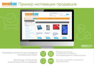 Пример мотивации продавцов
Программа лояльности для продавцов
теплоизоляции Knauf.
Начисление «теплунусов»
за выполнение KPI по продажам.
Виртуальная витрина
с ассортиментом OZON.ru
(без индивидуального подбора призов).
Доставку оплачивают пользователи
самостоятельно.
 