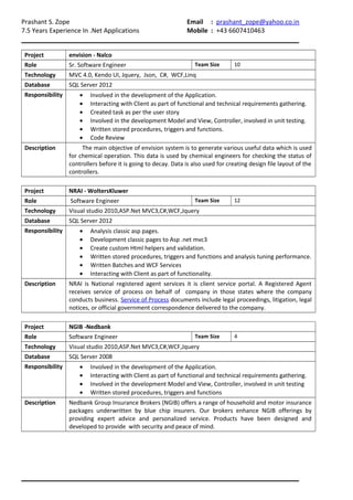 Prashant S. Zope Email : prashant_zope@yahoo.co.in
7.5 Years Experience In .Net Applications Mobile : +43 6607410463
Project envision - Nalco
Role Sr. Software Engineer Team Size 10
Technology MVC 4.0, Kendo UI, Jquery, Json, C#, WCF,Linq
Database SQL Server 2012
Responsibility • Involved in the development of the Application.
• Interacting with Client as part of functional and technical requirements gathering.
• Created task as per the user story
• Involved in the development Model and View, Controller, involved in unit testing.
• Written stored procedures, triggers and functions.
• Code Review
Description The main objective of envision system is to generate various useful data which is used
for chemical operation. This data is used by chemical engineers for checking the status of
controllers before it is going to decay. Data is also used for creating design file layout of the
controllers.
Project NRAI - WoltersKluwer
Role Software Engineer Team Size 12
Technology Visual studio 2010,ASP.Net MVC3,C#,WCF,Jquery
Database SQL Server 2012
Responsibility • Analysis classic asp pages.
• Development classic pages to Asp .net mvc3
• Create custom Html helpers and validation.
• Written stored procedures, triggers and functions and analysis tuning performance.
• Written Batches and WCF Services
• Interacting with Client as part of functionality.
Description NRAI is National registered agent services it is client service portal. A Registered Agent
receives service of process on behalf of company in those states where the company
conducts business. Service of Process documents include legal proceedings, litigation, legal
notices, or official government correspondence delivered to the company.
Project NGIB -Nedbank
Role Software Engineer Team Size 4
Technology Visual studio 2010,ASP.Net MVC3,C#,WCF,Jquery
Database SQL Server 2008
Responsibility • Involved in the development of the Application.
• Interacting with Client as part of functional and technical requirements gathering.
• Involved in the development Model and View, Controller, involved in unit testing
• Written stored procedures, triggers and functions
Description Nedbank Group Insurance Brokers (NGIB) offers a range of household and motor insurance
packages underwritten by blue chip insurers. Our brokers enhance NGIB offerings by
providing expert advice and personalized service. Products have been designed and
developed to provide with security and peace of mind.
 